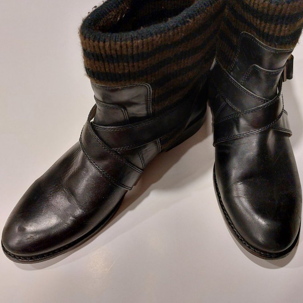 Splendid Black Leather Ankle Boots w/Brown/Black Knit Top - Size 9.5M
